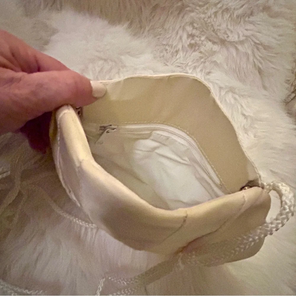 Vintage MCM Champagne Evening Bag Classic Scalloped Satin Clutch Strap Formal